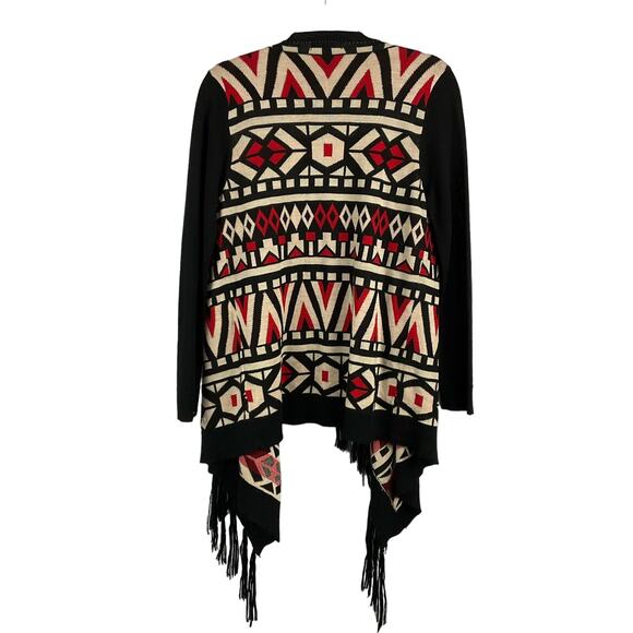 JEALOUS TOMATO Tribal Cardigan Sweater Fringe Southwestern Aztec Black sz L Art - Picture 2 of 11